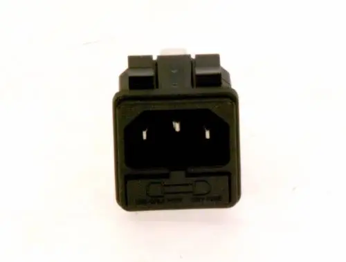 Schwarze elektrische Anschlussdose mit drei Kontakten, hergestellt von Bosch. Sie verfügt über eine Schmelzsicherung und ist für den Einsatz in elektrischen Geräten konzipiert.